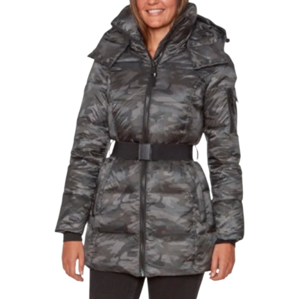 NWT Sanctuary Down Camoflage Belted Camp Puffer Jacket Coat w Hood Grunge/Alt Lg